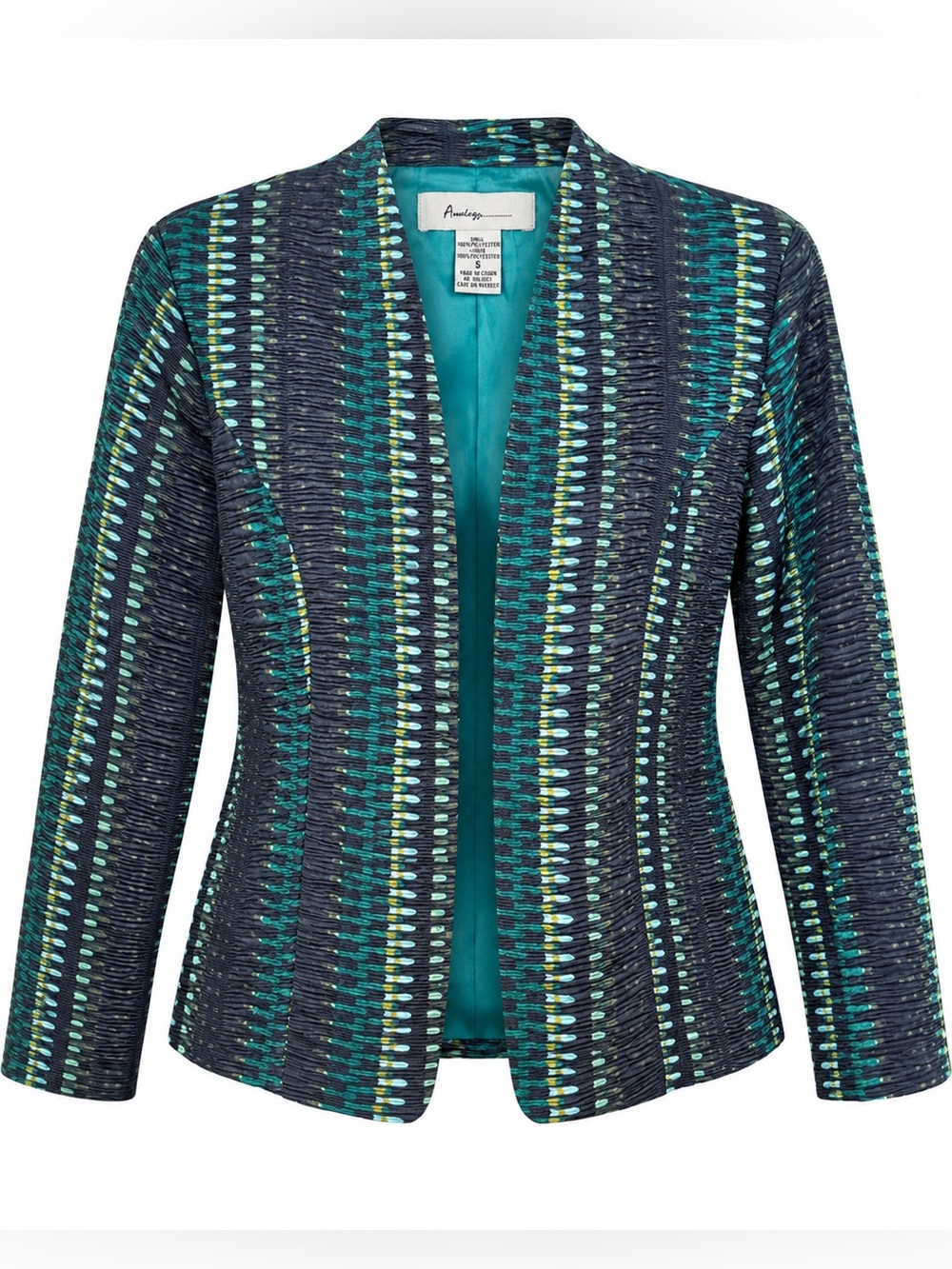 Analogy Size Small Teal Navy Textured Open Front Blazer Jacket Lined